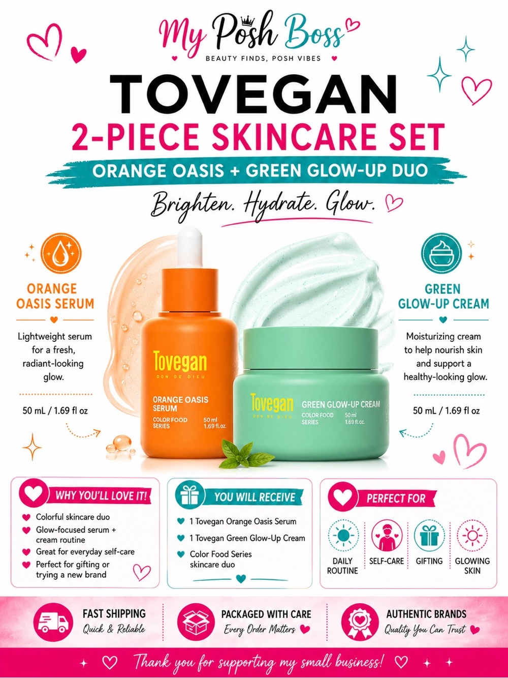 Tovegan 2-Piece Skincare Set Orange Oasis Serum + Green Glow-Up Cream 50mL NEW